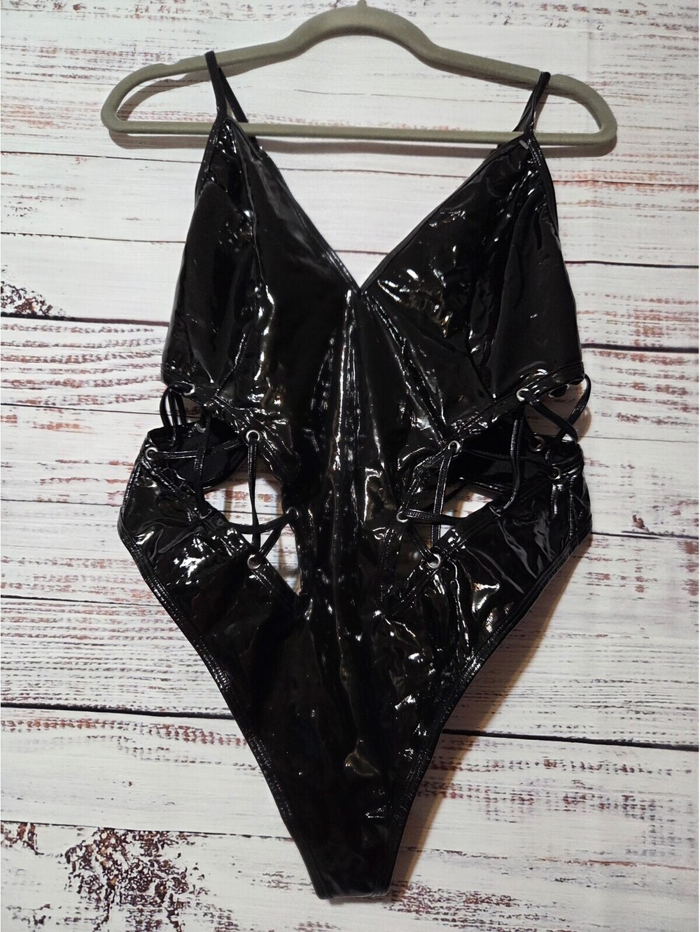 Mapalé XL Black Patent Leather Look Cutout One Piece Bodysuit Cat Woman